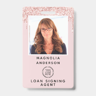 Pink Glitter Drip Photo Logo Barcode Name Badge ID Badge