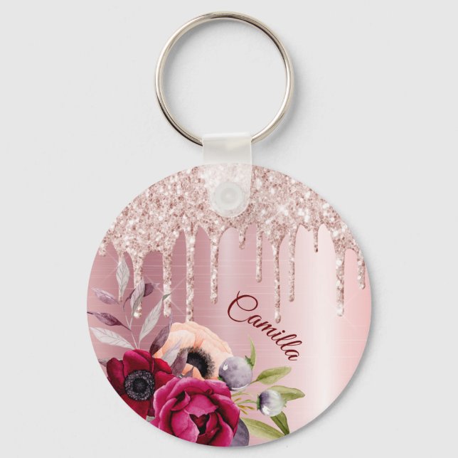 Pink glitter drip rose gold metallic flowers name key ring (Front)
