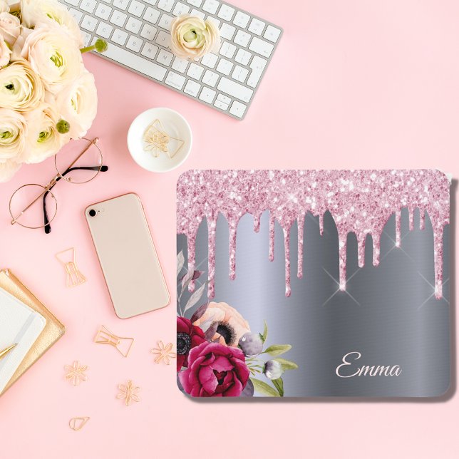 Pink glitter drip silver metallic flowers name mouse pad (Creator Uploaded)