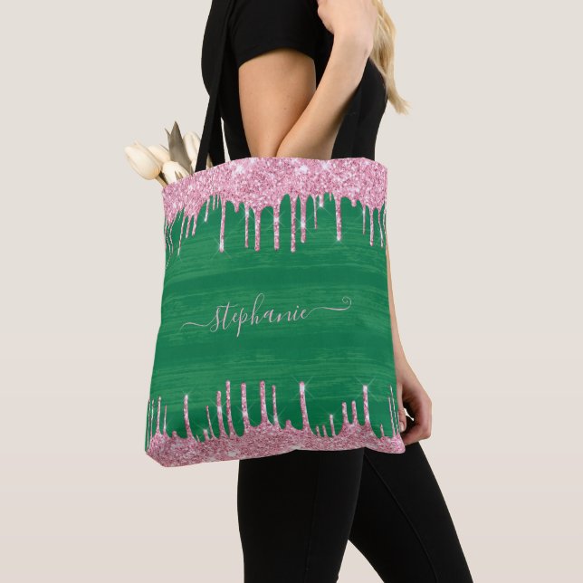 Pink Glitter Drip Sparkle Monogram Watermelon Tote Bag (Close Up)