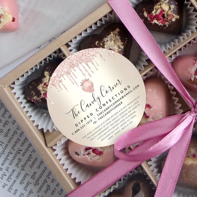 Pink Glitter Drip Strawberry Confection Gold Legal Classic Round Sticker (Creator Uploaded)