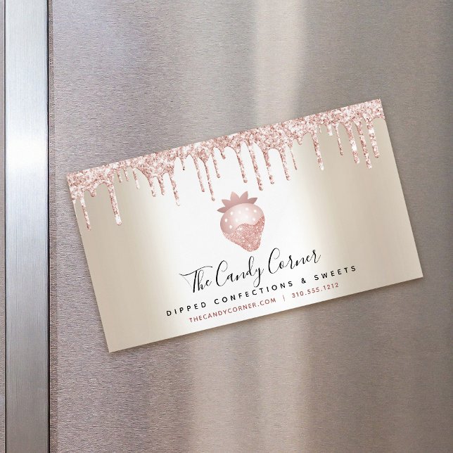 Pink Glitter Drip Strawberry Confection Sweet Gold Magnetic Business Card (Creator Uploaded)