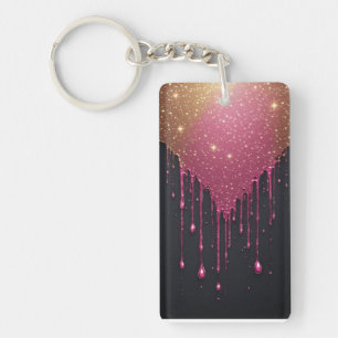 Pink Glitter Drip With Sparkling Stars Key Ring