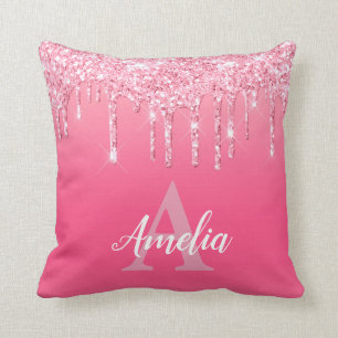 Pink Glitter Drips Add Your Own Monogram Girl's Cushion