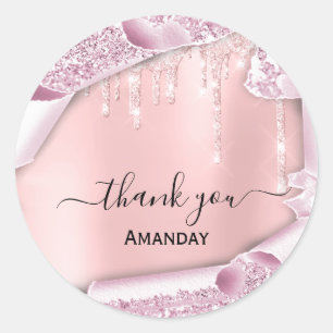 Pink Glitter Drips  Bridal Sweet16th  Thank You Classic Round Sticker
