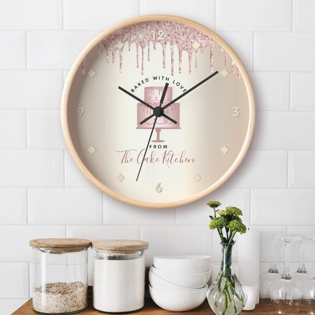 Pink Glitter Drips Cake Bakery Pastry Chef Gold Clock (Creator Uploaded)