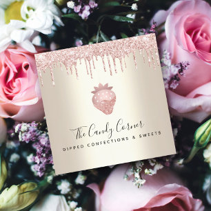 Pink Glitter Drips Chocolate Strawberry Sweet Gold Square Business Card