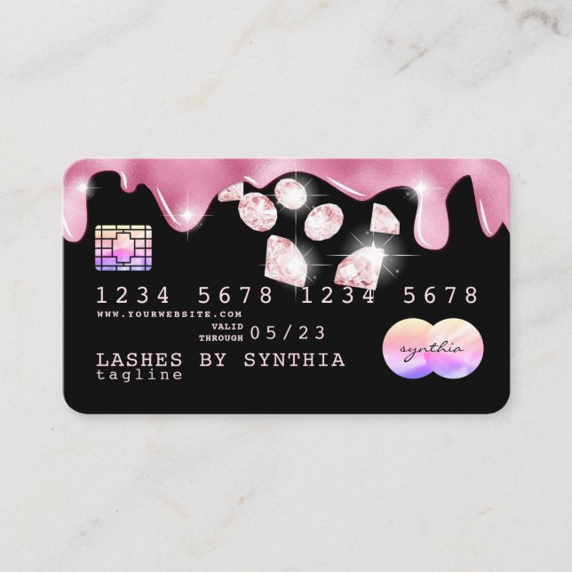 Pink glitter drips Credit Card hologram diamonds (Front)
