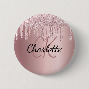 Pink glitter drips custom monogram name 6 cm round badge