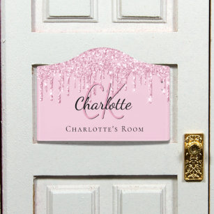 Pink glitter drips custom monogram name  door sign