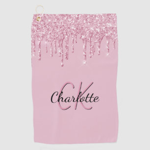 Pink glitter drips custom monogram name  golf towel