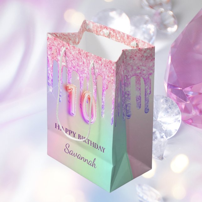 Pink glitter drips holographic 10th birthday medium gift bag (Creator Uploaded)