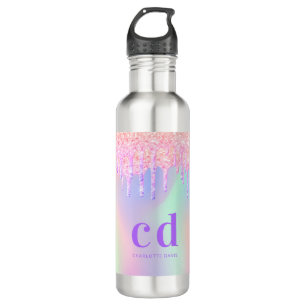 Pink glitter drips holographic name monogram 710 ml water bottle