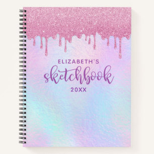 Pink Glitter Drips Holographic Unicorn Sketchbook  Notebook