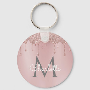 Pink Glitter Drips Monogram Elegant Chic Script Key Ring