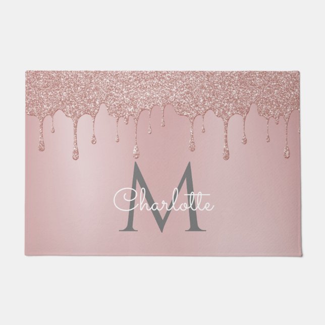 Pink Glitter Drips Monogram Elegant Girly Script Doormat (Front)