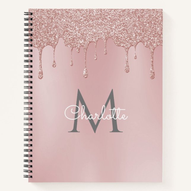 Pink Glitter Drips Monogram Elegant Girly Script Notebook (Front)