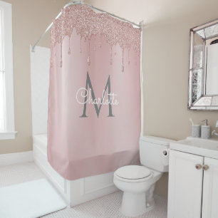 Pink Glitter Drips Monogram Elegant Girly Script Shower Curtain