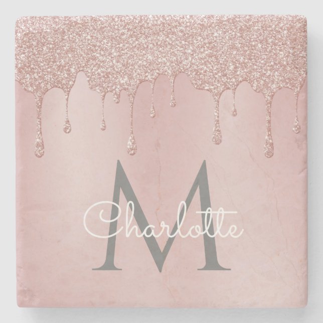 Pink Glitter Drips Monogram Elegant Girly Script Stone Coaster (Front)