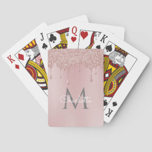 Pink Glitter Drips Monogram Girly Script Playing Cards