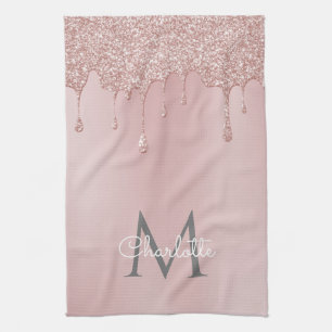 Pink Glitter Drips Monogram Girly Script Tea Towel