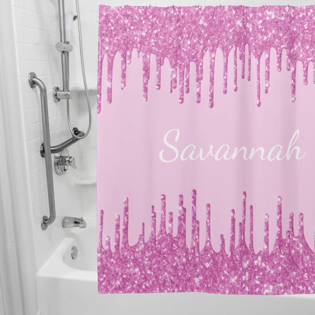 Pink glitter drips monogram name script shower curtain (Creator Uploaded)
