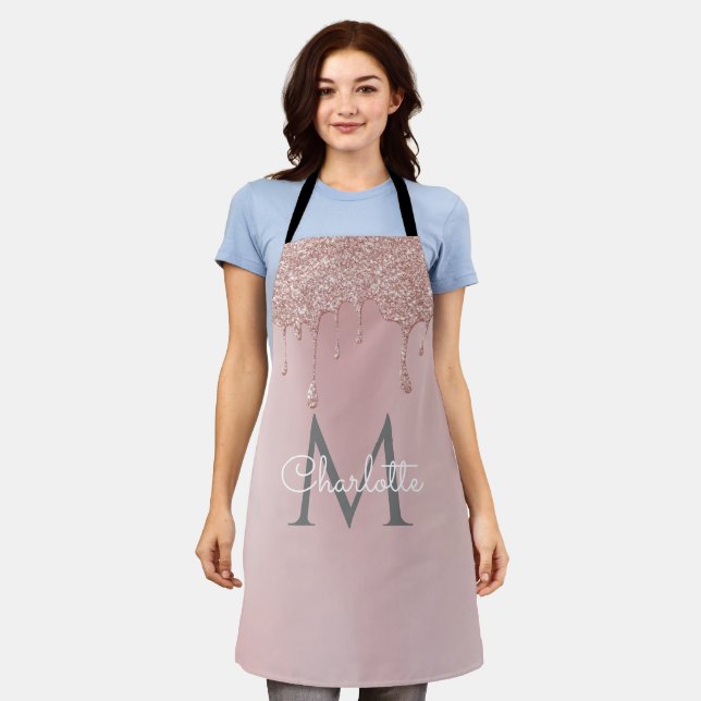 Pink Glitter Drips Monogram Stylish Girly Script Apron (Worn)