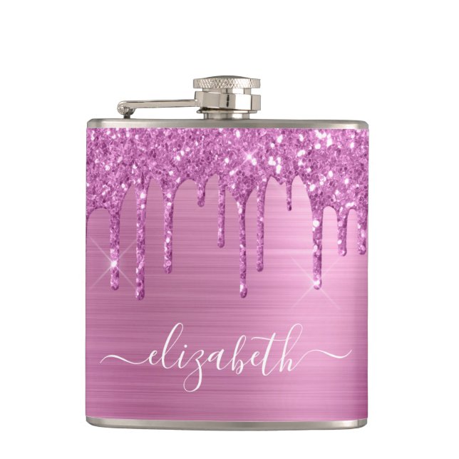 Pink Glitter Drips Monogrammed Hip Flask (Front)