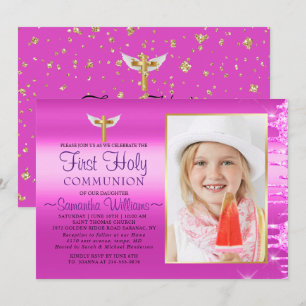 Pink Glitter Drips Photo First Communion Invitation