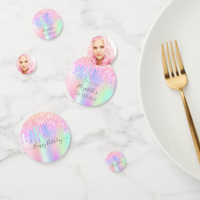Pink glitter drips photo holographic birthday confetti (Group)