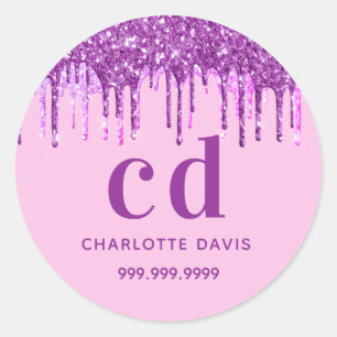 Pink glitter drips purple name school girl classic round sticker