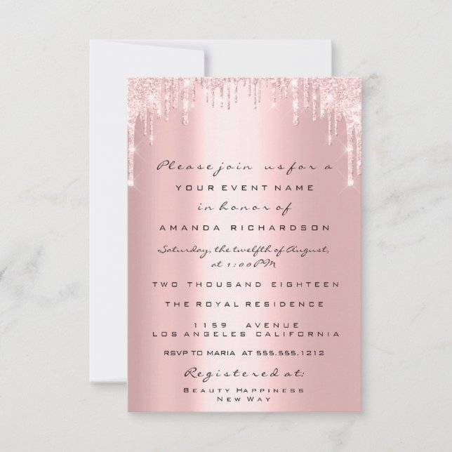 Pink Glitter Drips Rose Gold  Bridal Quirceanera Invitation (Front)