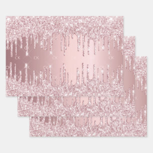 Pink glitter drips sparkle monogram dusty rose wrapping paper sheet