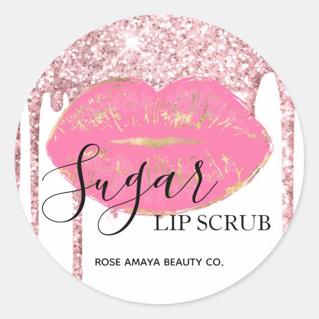 Pink Glitter Drips Sugar Lip Scrub Classic Round Sticker (Front)