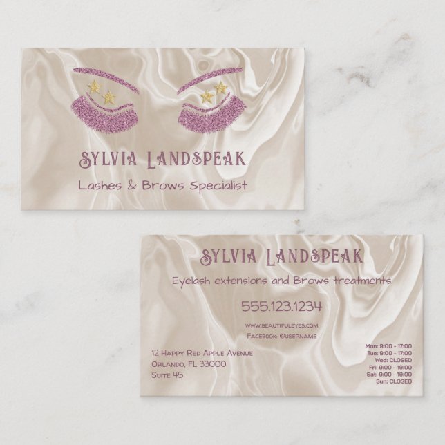 Pink Glitter Eyelashes & Beige Cream Marble Business Card (Front/Back)
