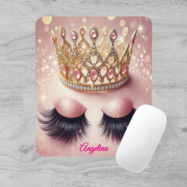 Pink Glitter Eyelashes  Crown Custom  Mouse Pad (Sparkly pink lashes & crown mouse pad – perfect glam gift for beauty lovers & lash techs!)