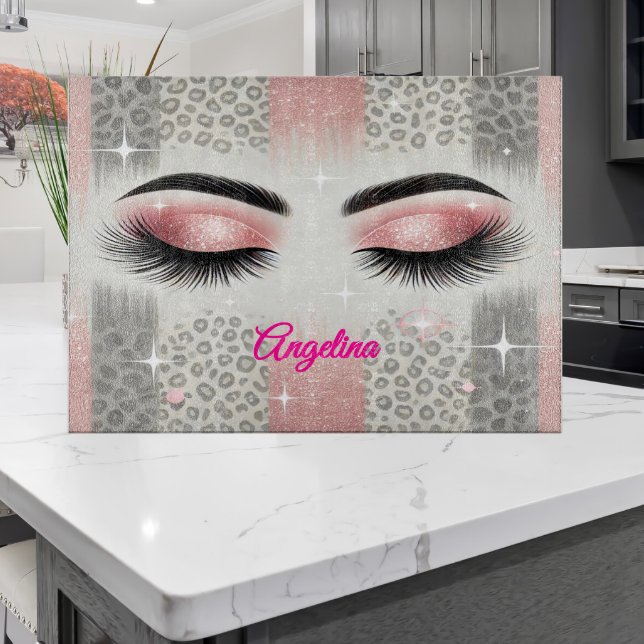 Pink Glitter Eyelashes  Cutting Board (Pink glitter lashes cutting board — glam gift for bridal party, bachelorette, or birthday)