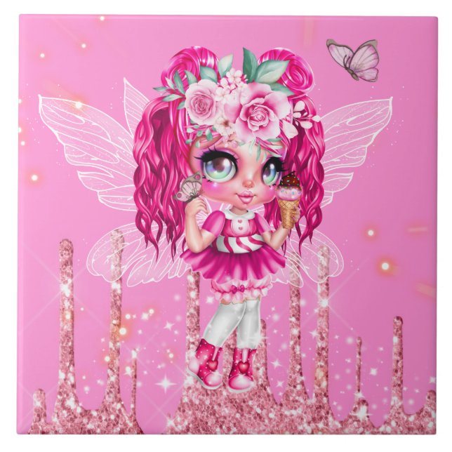 Pink glitter fairy cute anime girl mythical fae ceramic tile (Front)