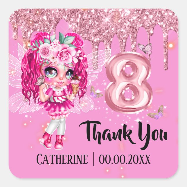 Pink glitter fairy cute girls thank you 8th party square sticker (Front)