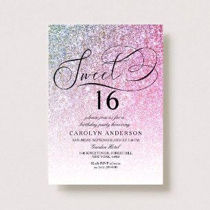 Pink Glitter Fancy Script Sweet 16 Birthday Party Invitation