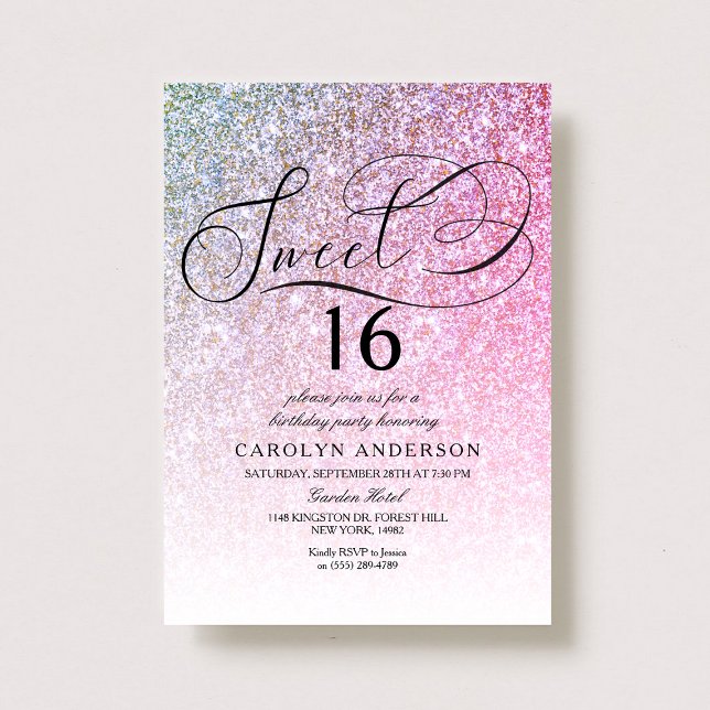 Pink Glitter Fancy Script Sweet 16 Birthday Party Invitation (Creator Uploaded)