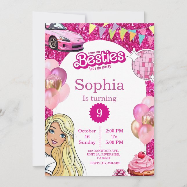 Pink Glitter Fashion Doll Birthday Invite (Front)