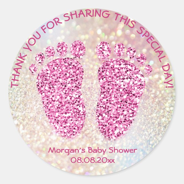 Pink Glitter Feet Baby Shower Favour Thank Girl LU Classic Round Sticker (Front)