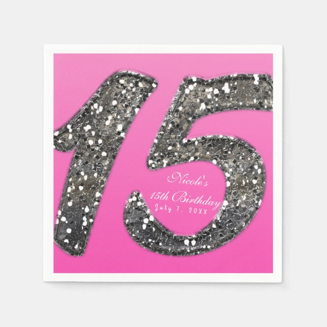 Pink & Glitter Fifteen 15 Birthday Party Custom Napkin (Front)
