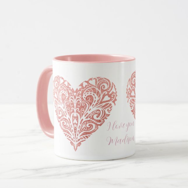 Pink Glitter Filigree Personalised Valentine Mug (Front Left)