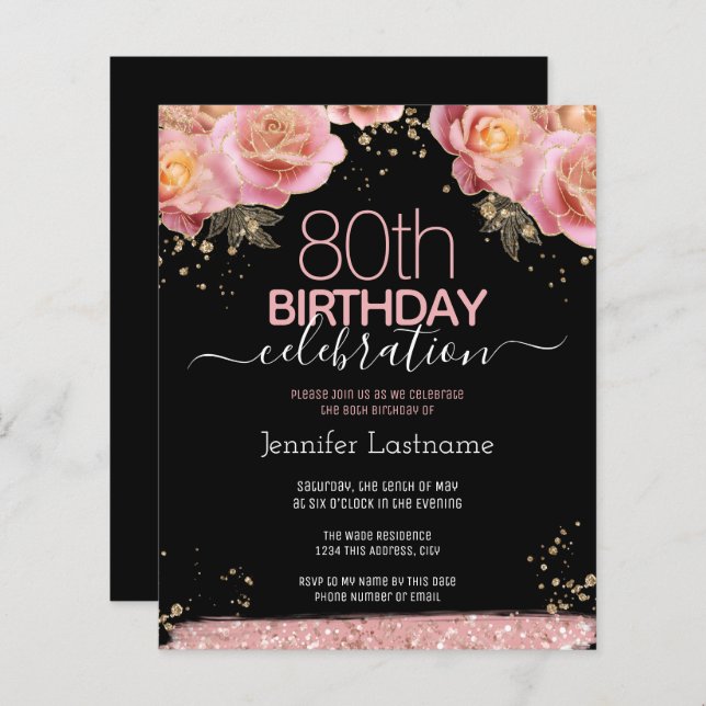 Pink Glitter Floral 80th Birthday Invitations (Front/Back)