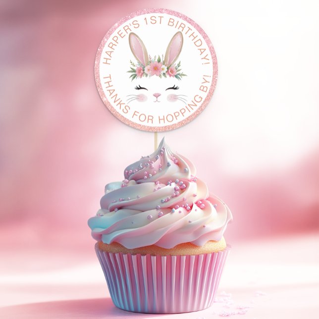 Pink Glitter Floral Bunny 1st Birthday Party Favou Classic Round Sticker (Bunny Birthday Party Favor Thank You Sticker)
