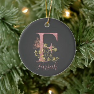 Pink Glitter Floral Letter F   Ceramic Ornament