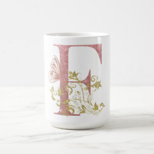 Pink Glitter Floral Letter F  Coffee Mug