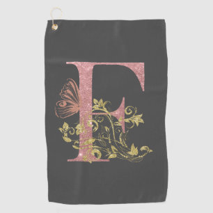 Pink Glitter Floral Letter F  Golf Towel